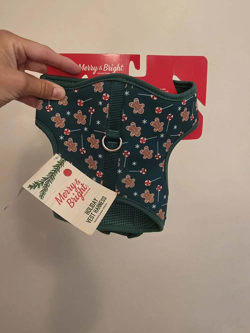 Merry & Bright Holiday Dog Harness - Green Gingerbread Print